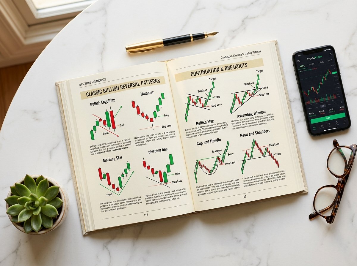 Open book showing candlestick chart patterns